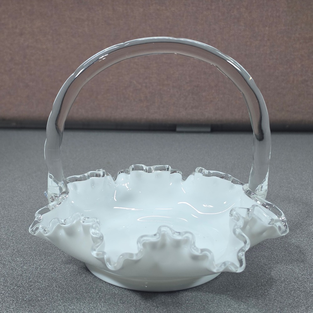 Fenton Basket Milk Glass White Excellent Silver Crest Ruffled Edge 7.5in